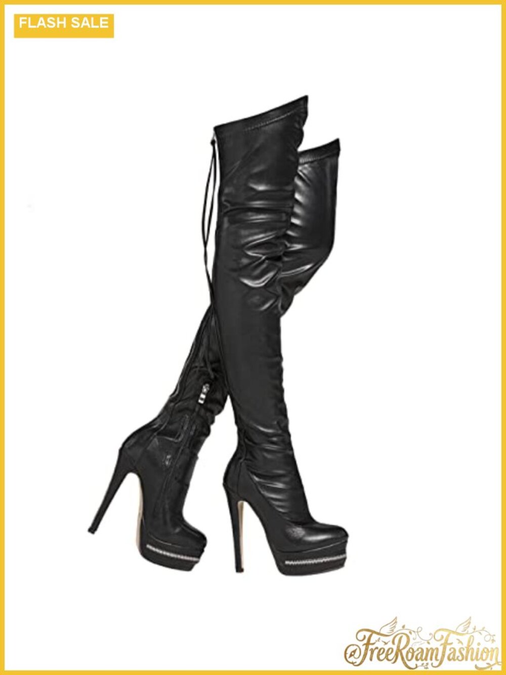 Platform Over the Knee Boots Round Toe Lace Up Faux Leather Gold Strap